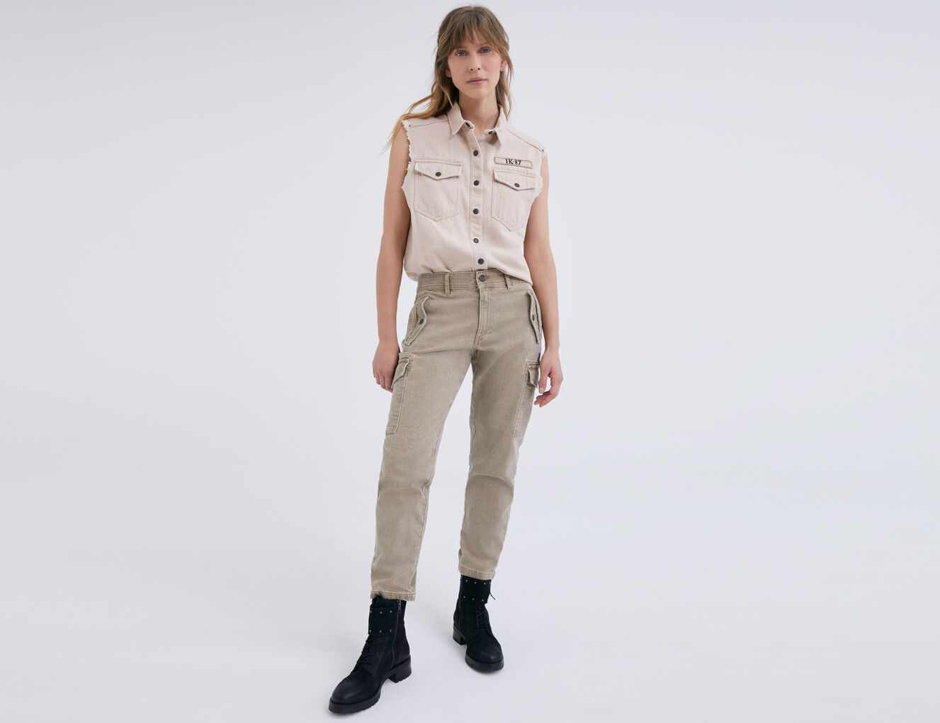 Pantalon battle cropped Terra® denim kaki stone femme - IKKS-1