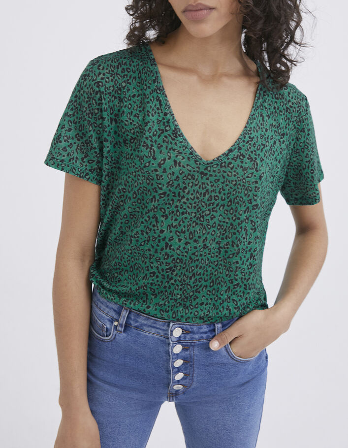 Tee-shirt vert maille lin imprimé léopard Femme - IKKS