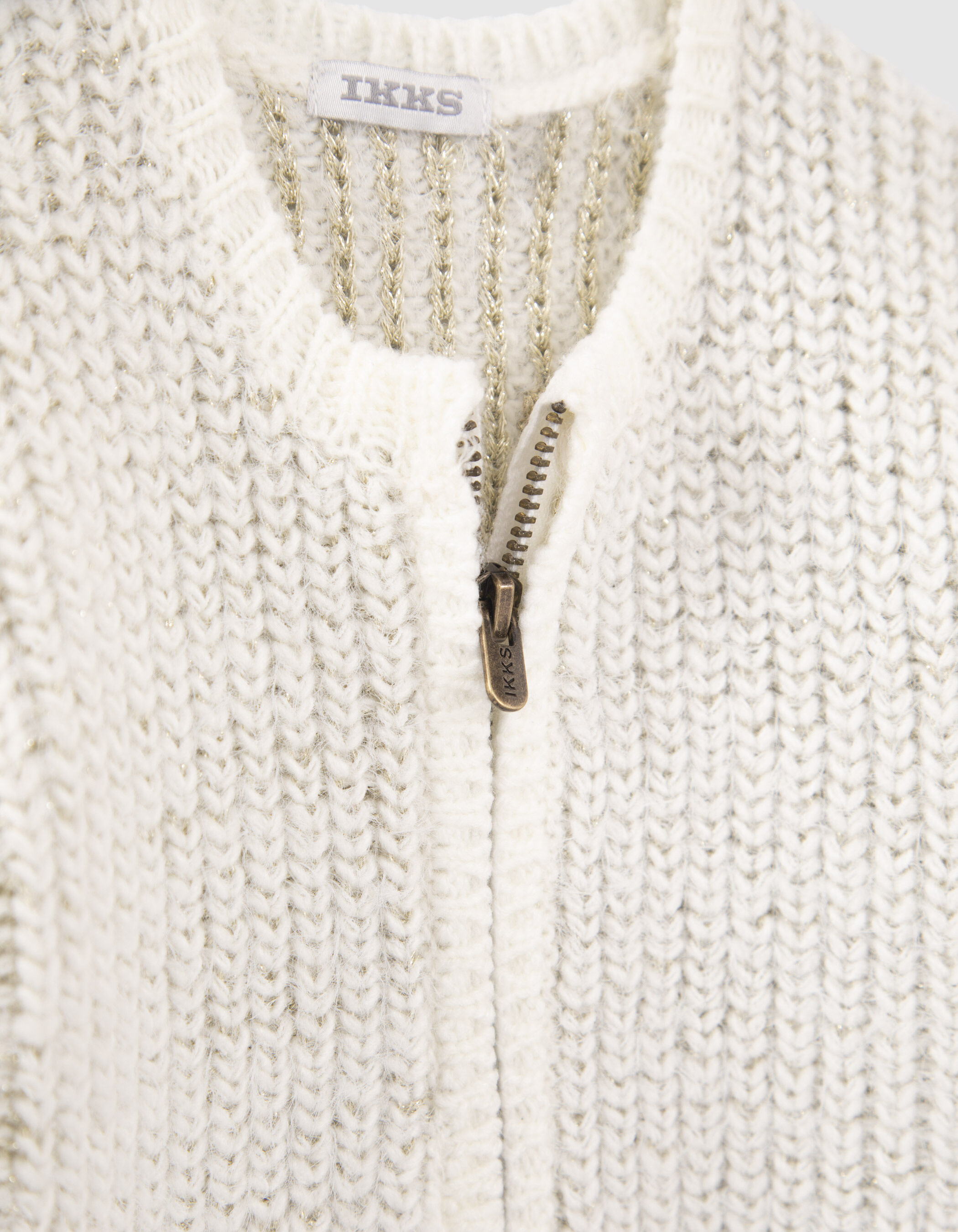 Baby girls ecru knit cardigan with gold lurex jacquard