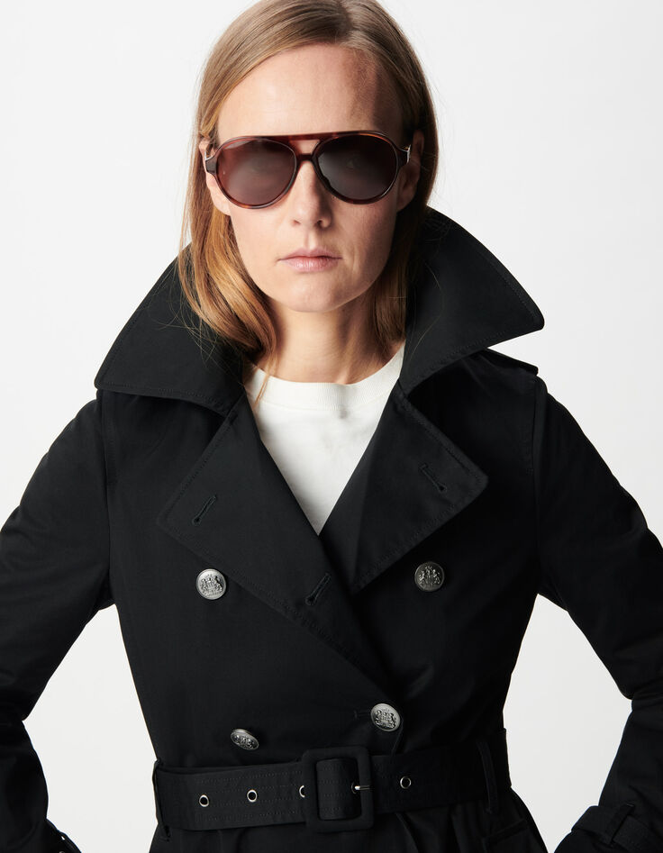 Zwarte trenchcoat voor Dames met afneembare nylon capuchon-7