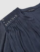Women's crumpled recycled navy blouse with eyelet and stud decoration-3
