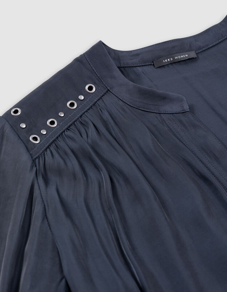 Women's crumpled recycled navy blouse with eyelet and stud decoration-3