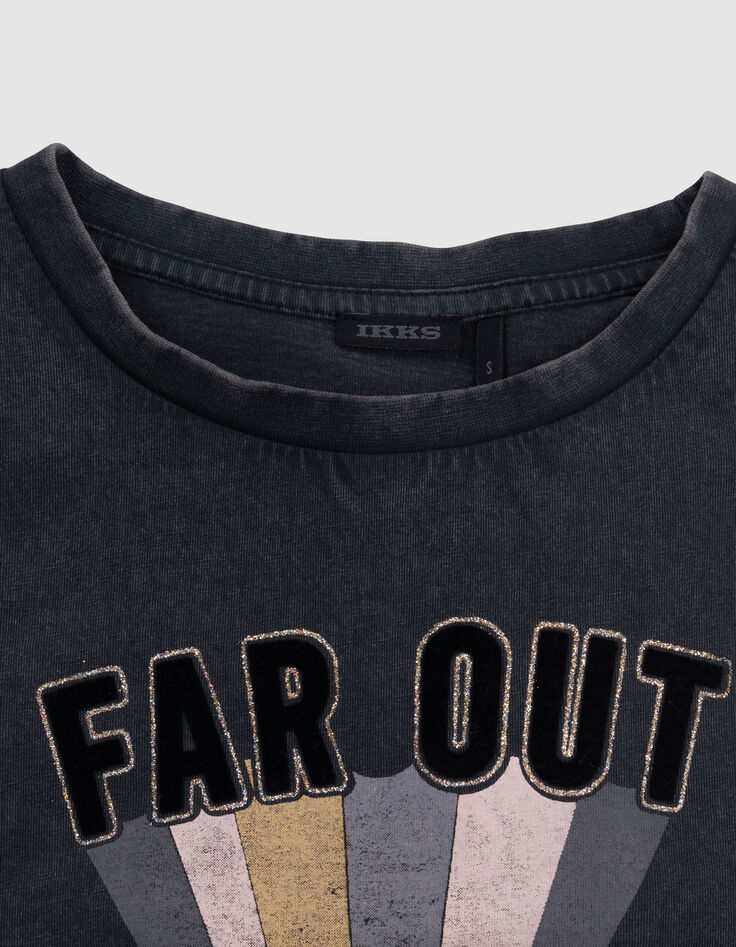 Grijs T-shirt biokatoen geflockte tekst en strepen meisjes-6