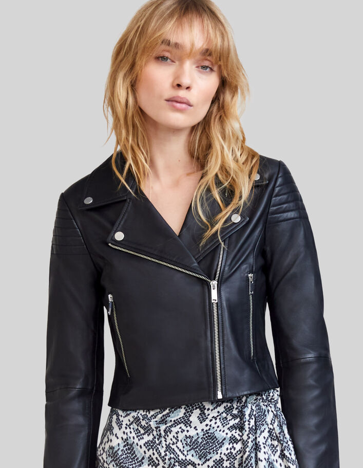Women’s quilted shoulder lambskin leather short jacket-1