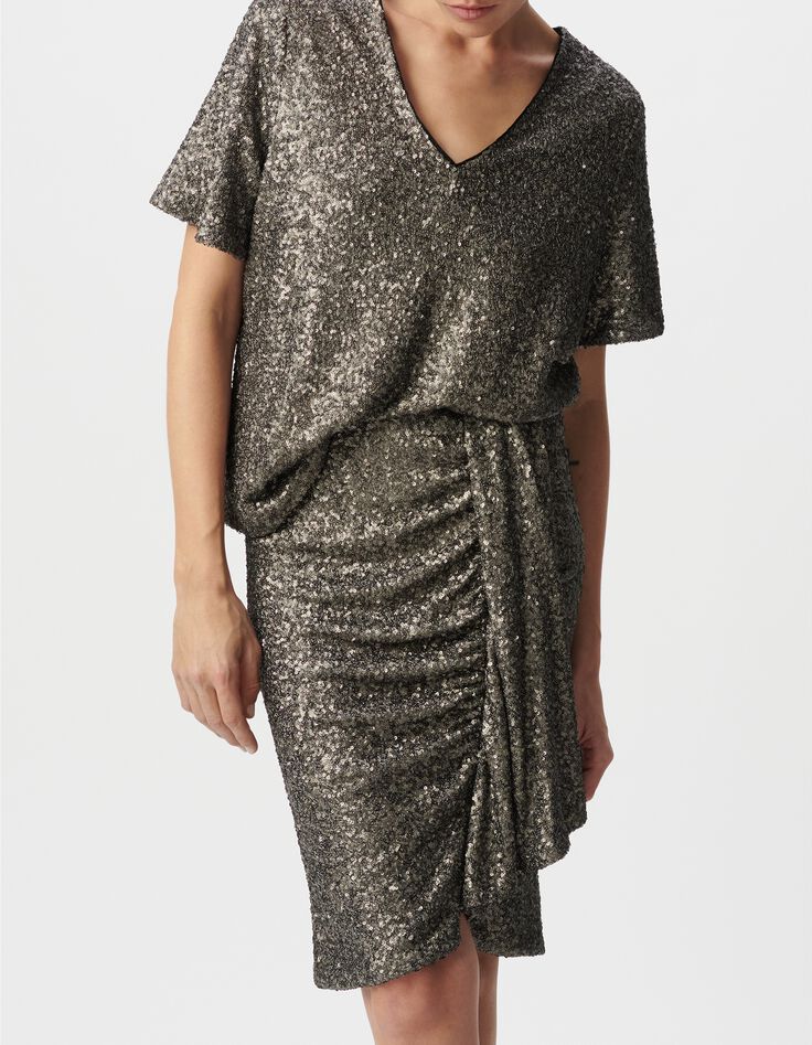 Top gris manche courte brod&eacute; sequins m&eacute;tallis&eacute;s Femme-5