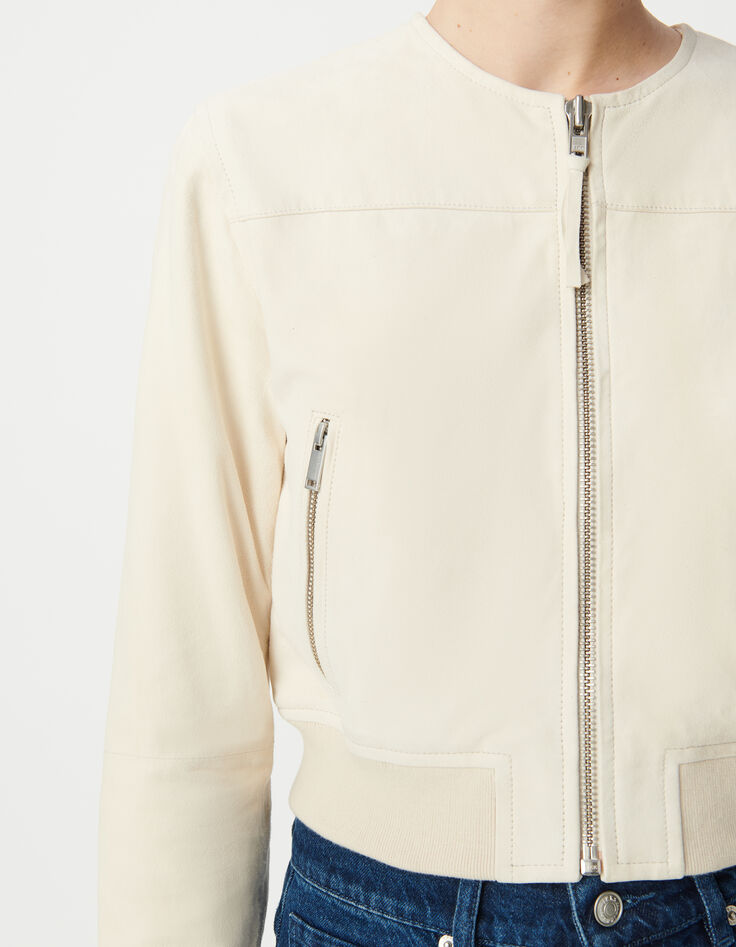 Blouson court beige cuir velours Femme-4