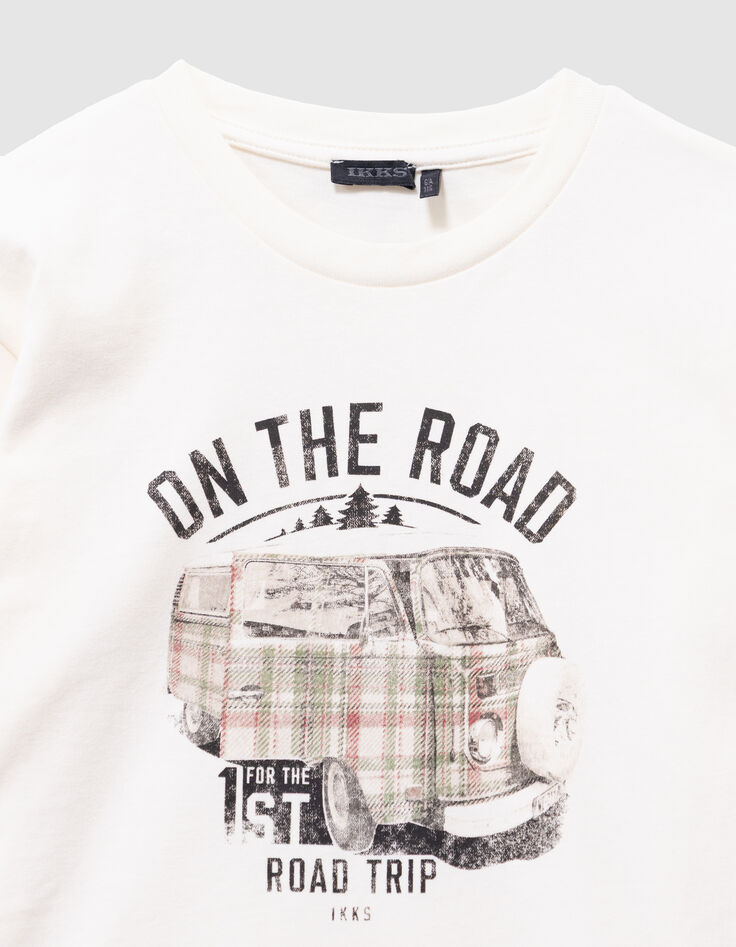 Boys’ white organic cotton T-shirt with printed van image-2
