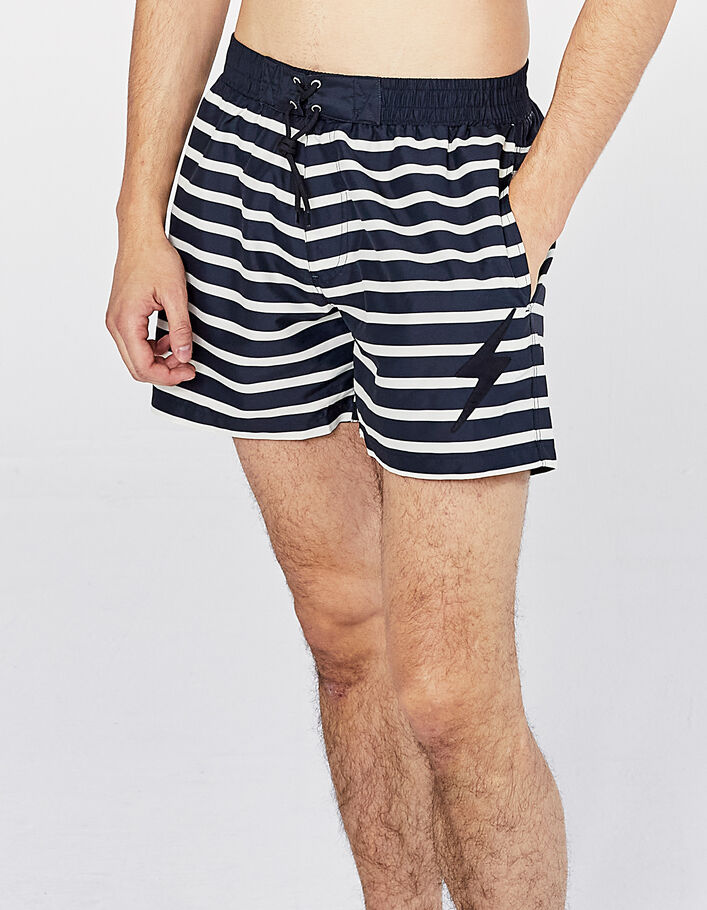 Men’s black sailor stripe swimshorts, ecru stripes, badges-3