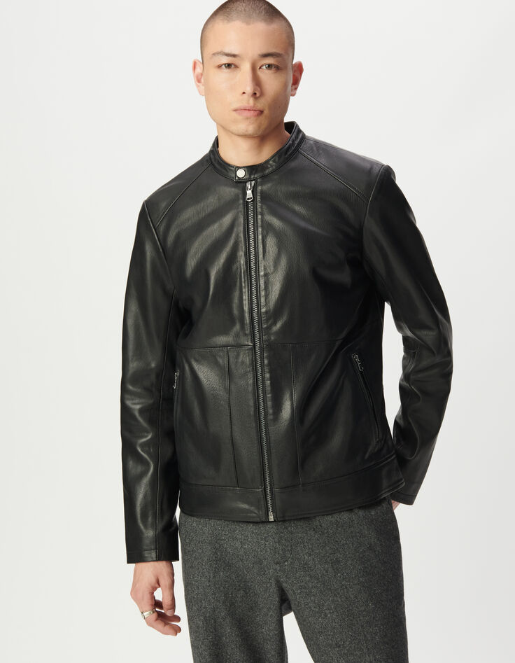 Men’s black leather jacket with zipped pockets-4