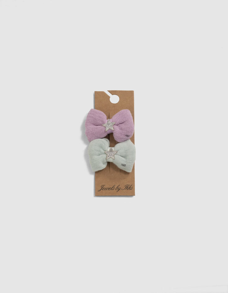 Girls&rsquo; violet and aqua green bow snap hair clips-4