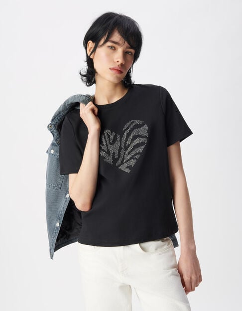 Tee-shirt manches courtes noir motif c&oelig;ur clout&eacute; Femme - IKKS