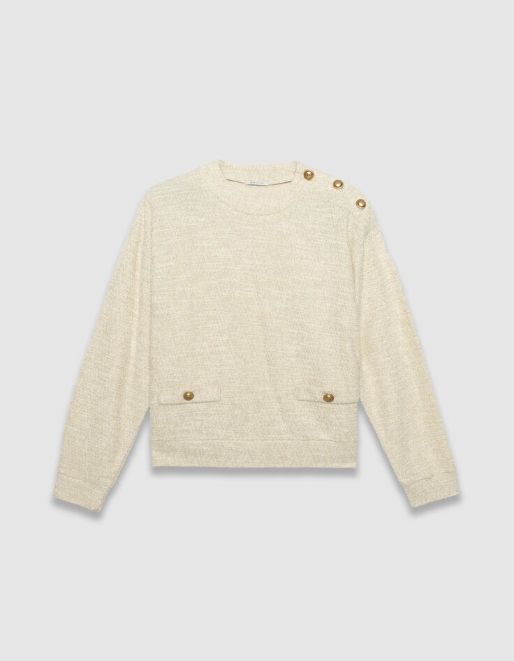 Women’s beige lurex tweed sweatshirt, buttoned shoulders-5 Women’s beige lurex tweed sweatshirt, buttoned shoulders-5