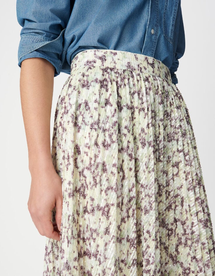 Jupe pliss&eacute;e verte camouflage broderies sequins Femme-6
