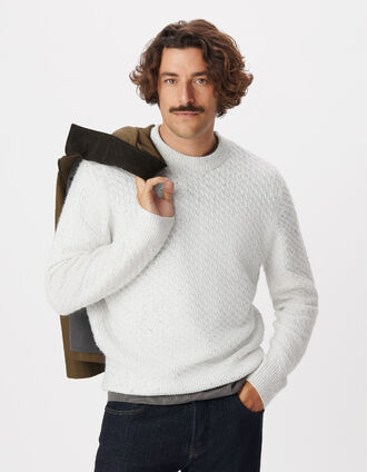 Pull col rond blanc chin&eacute; tricot avec torsades Homme