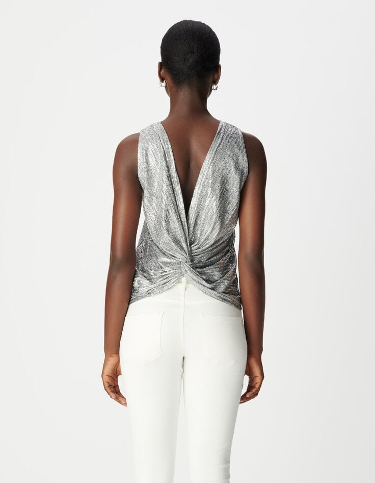 Zilverkleurig mouwloos T-shirt met strik dames-5