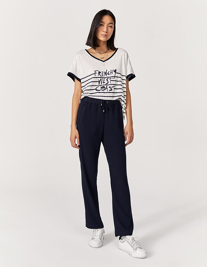 Pantalón recto crepé marino raya negra mujer-1