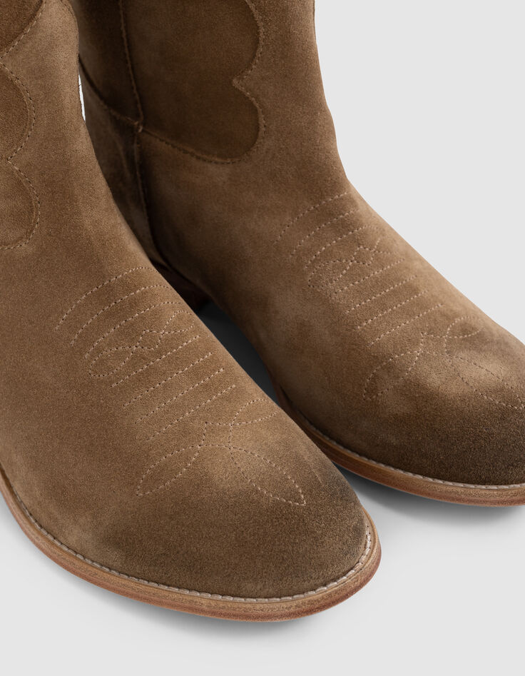 Botas western de ante camel con costura de mujer-4