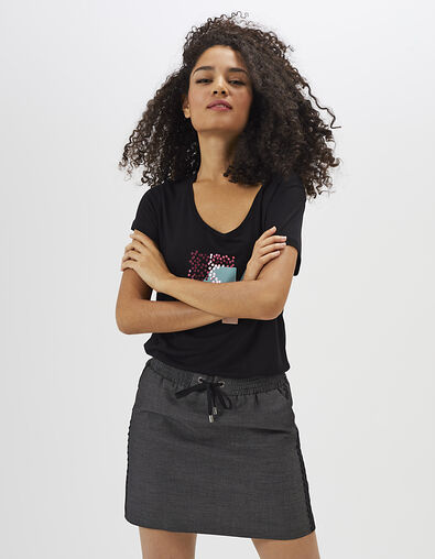 Falda corta negra jacquard con galones laterales I.Code