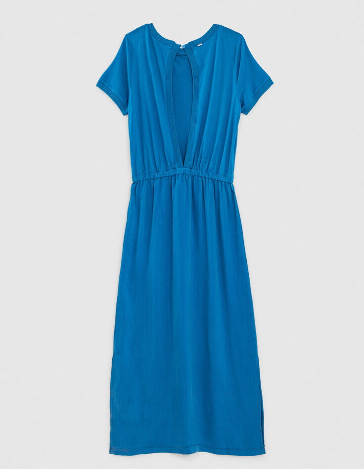 Robe midi en cupro viscose bleu ouverture dos femme-4
