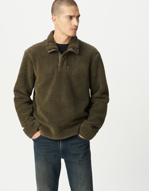 Men’s khaki sherpa knit sweatshirt with zipped neck - IKKS