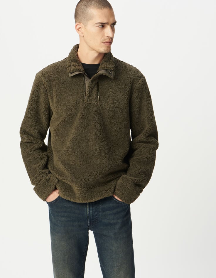 Men’s khaki sherpa knit sweatshirt with zipped neck-1 Men’s khaki sherpa knit sweatshirt with zipped neck-1