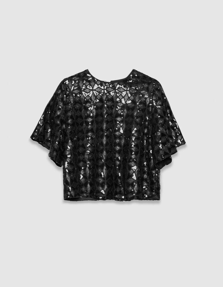 Top noir brodé sequins manches papillon Femme-5