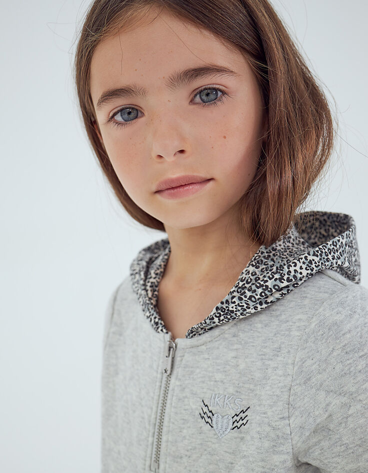 Sweat gris chiné moyen matelassé à capuche léopard fille-1
