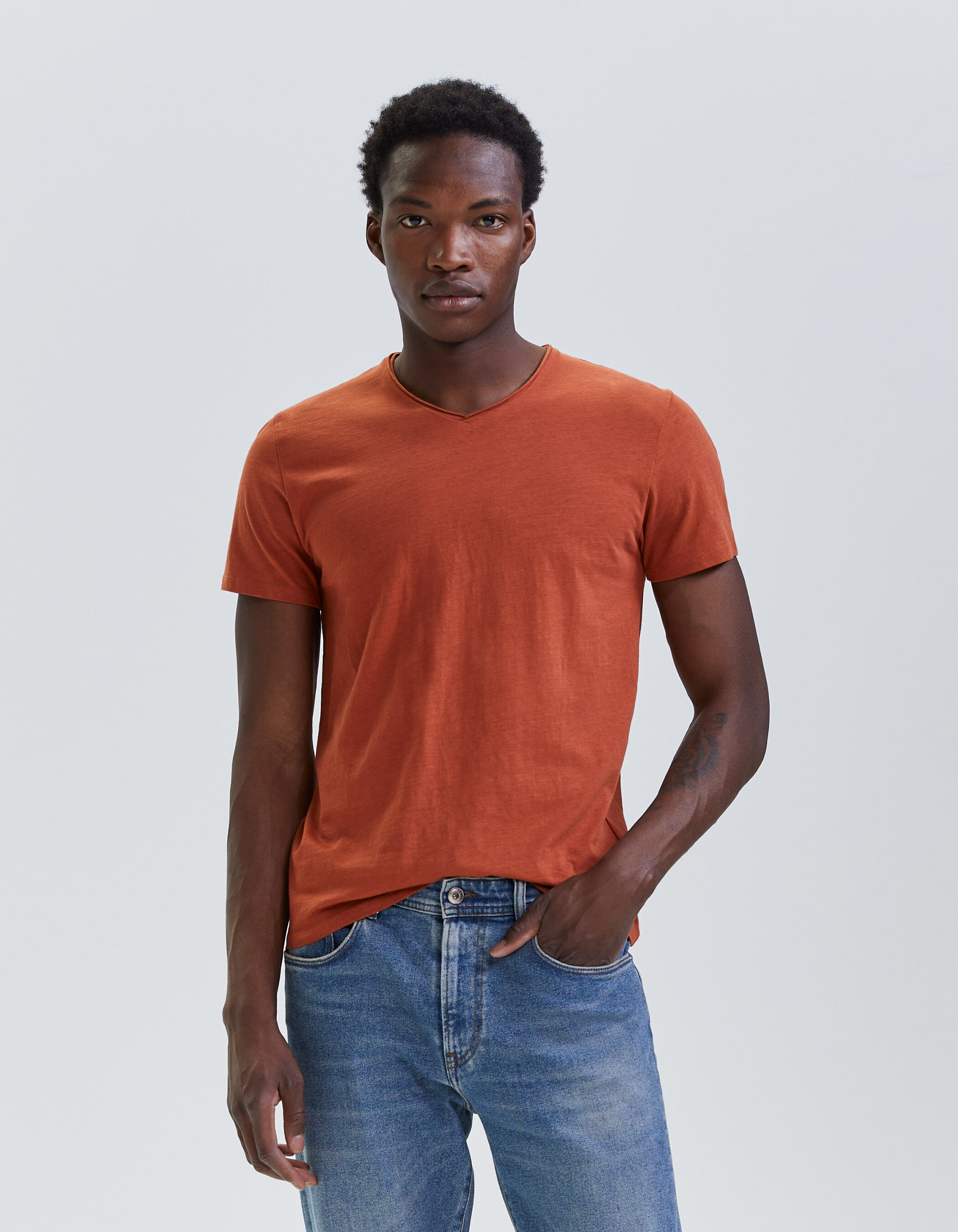 Orange v neck t shirt mens sales