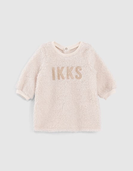 Baby girls’ ecru Sherpa sweater dress with lettering