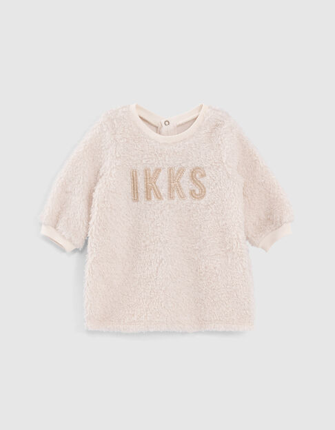 Baby girls’ ecru Sherpa sweater dress with lettering