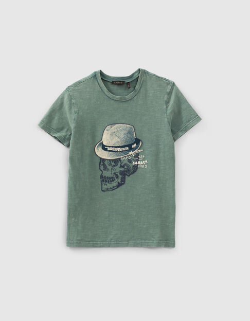 Camiseta verde esqueleto bordado con sombrero niño