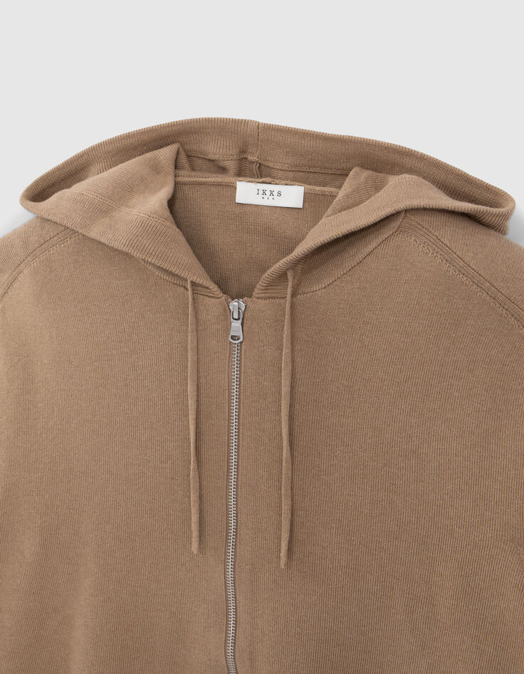 Beige Herrenstrickjacke mit Rei&szlig;verschluss und Kapuze-7
