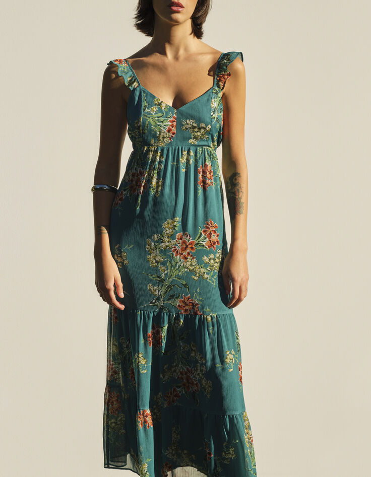 Robe voile recyclé imprimé bouquet de fleurs volants femme-1
