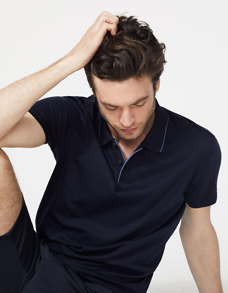 Polo marine Interlock avec col bord-côte rayé Homme-1