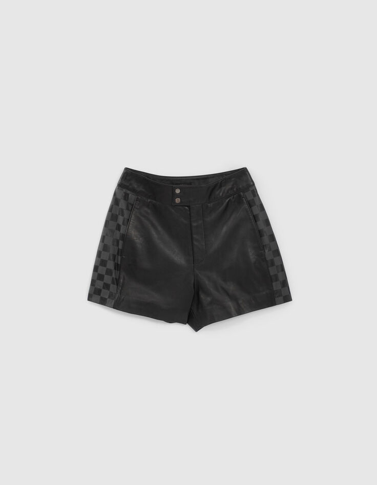 Short noir taille haute en cuir motif damier Femme-5