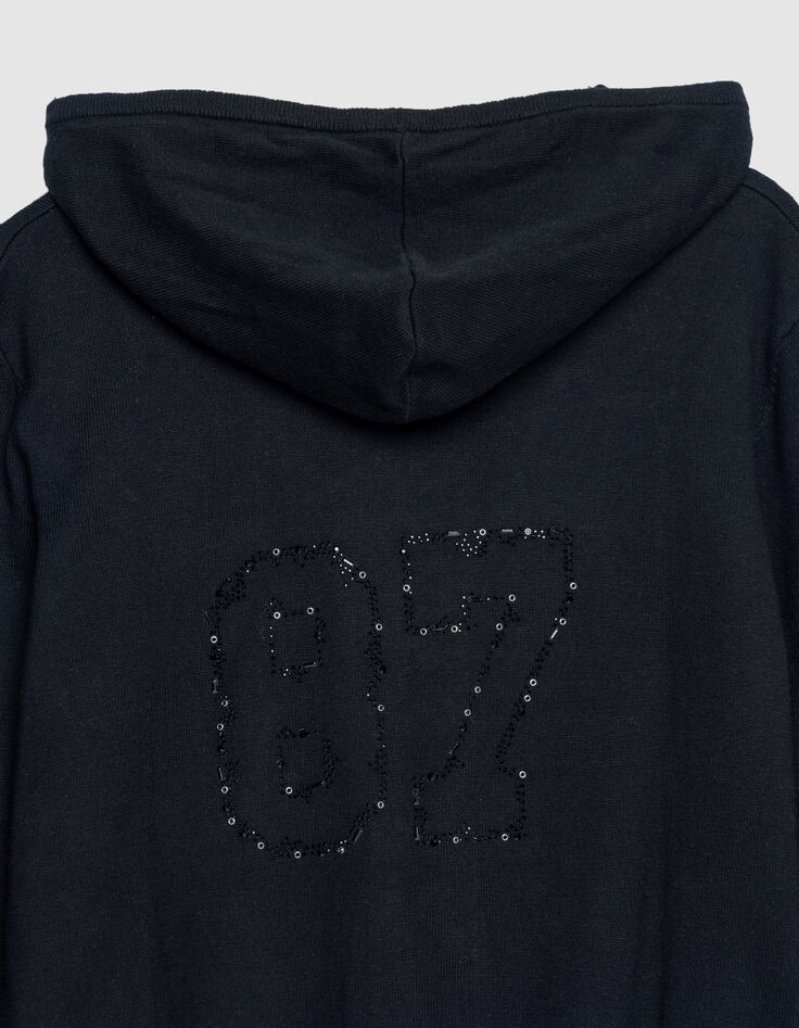 Women's black hooded cardigan knitted with rhinestone numbers on back-7