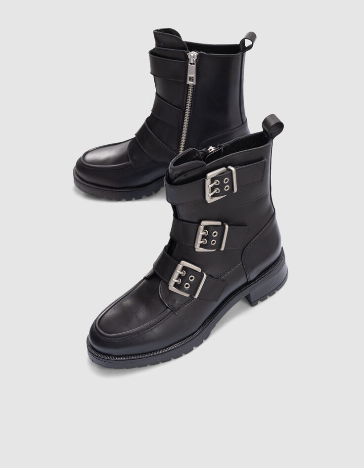 Women's black leather 3 buckle rangers boots-6