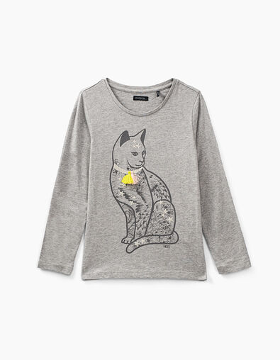 Dunkelgrau meliertes Mädchenshirt mit Katzenmotiv - IKKS