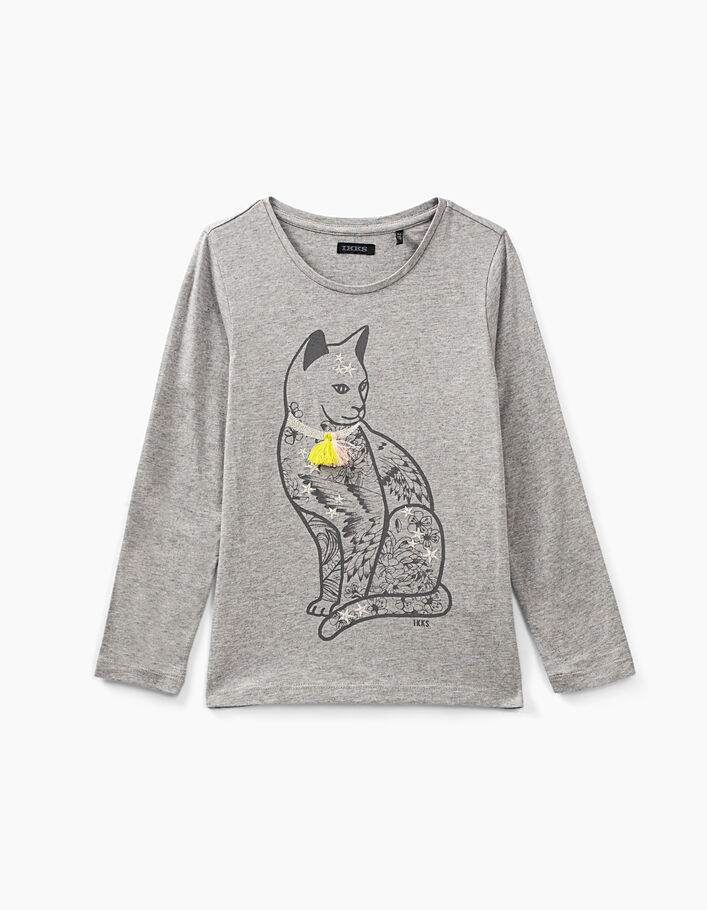 Girls’ dark grey marl cat graphic T-shirt - IKKS