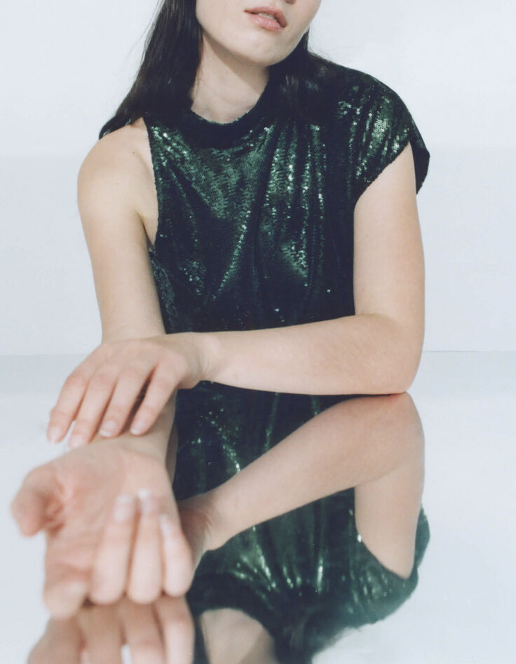 Metallic groen top plissé dames-4