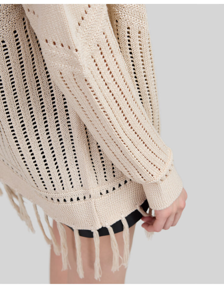Women’s ecru openwork knit cardigan with fringed edges-3 Women’s ecru openwork knit cardigan with fringed edges-3