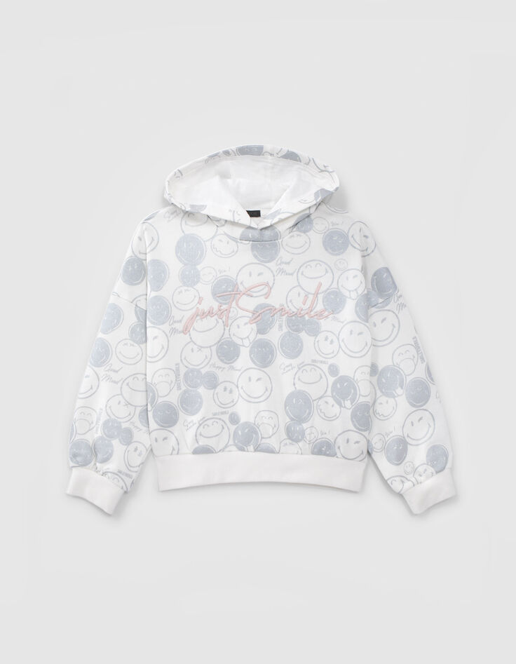 Girls’ white hoodie with silver all-over SMILEYWORLD print-1