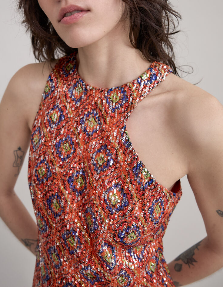 Dames midi-jurk met paillettenprint en arabesk print-4