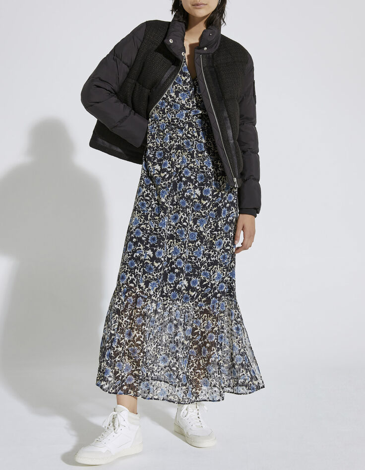 Women’s blue flower print dotted Swiss voile long dress-1