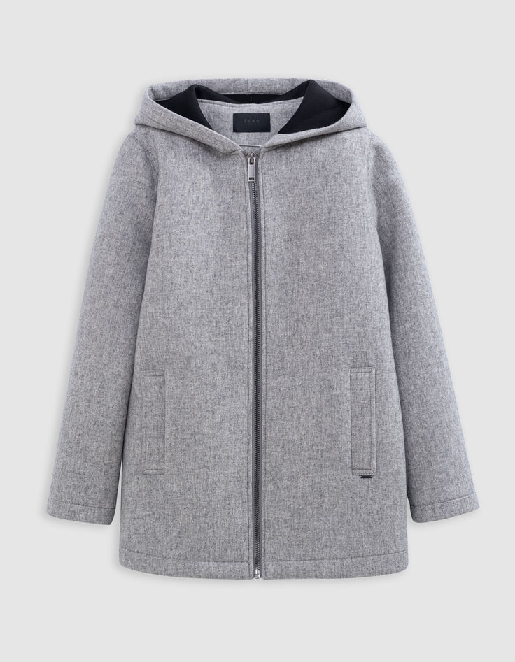 Grauer Mantel mit Kapuze aus Flanellwolle für Damen-7