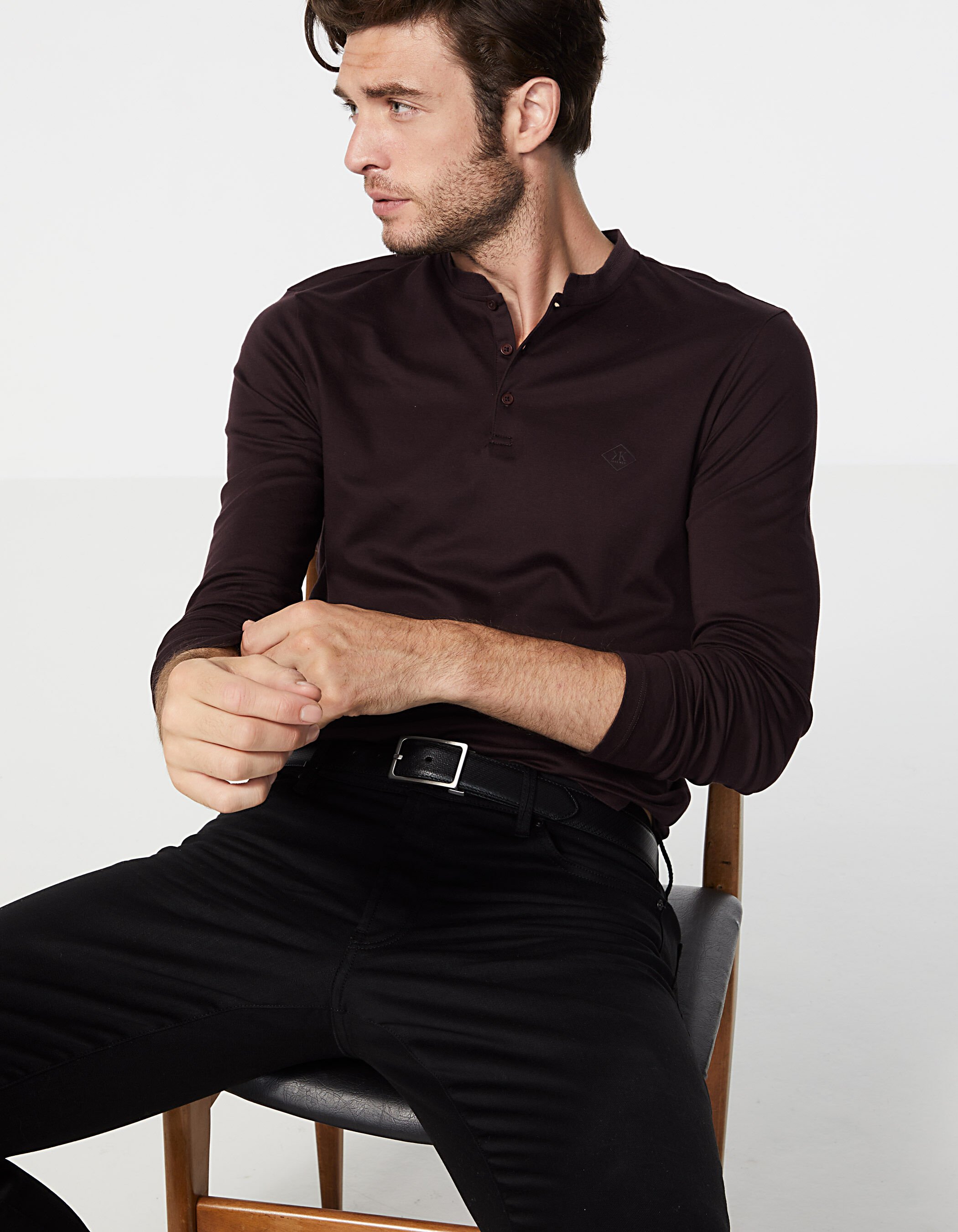 Men s plum Interlock long sleeve polo shirt