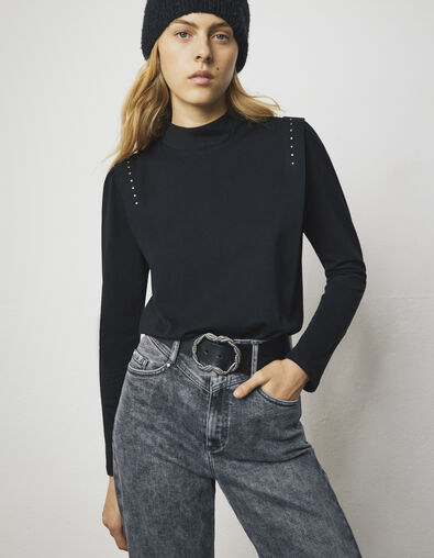 Tee-shirt manches longues col montant noir et clous femme - IKKS