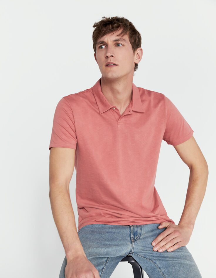 Men’s coral slub cotton polo shirt with 1 button-2