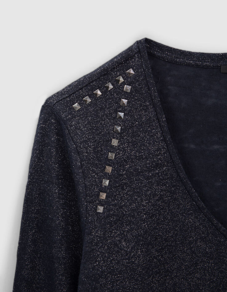 Navy T-shirt in linnen foil sierstuds dames-3 Navy T-shirt in linnen foil sierstuds dames-3