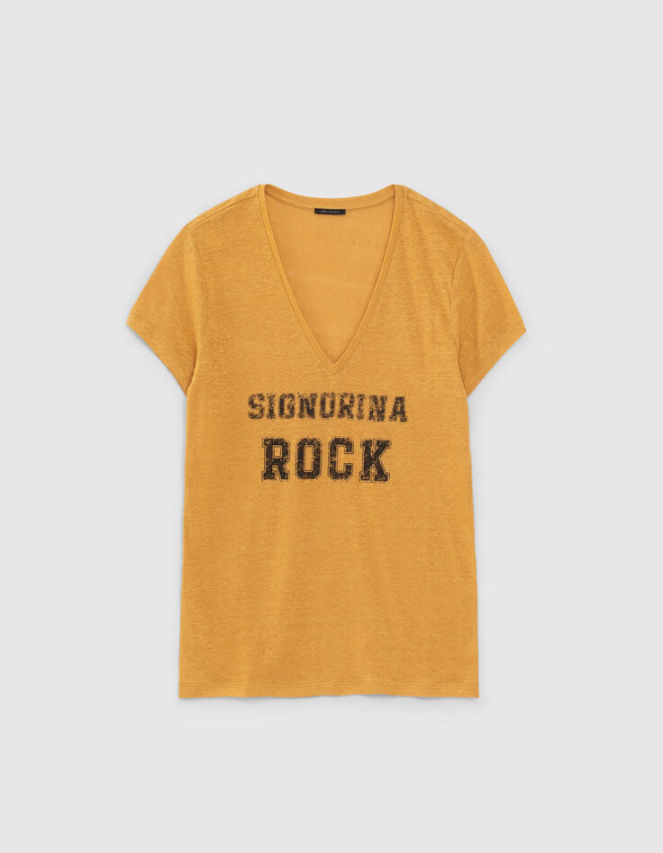 Tee-shirt jaune visuel message manches courtes femme-6